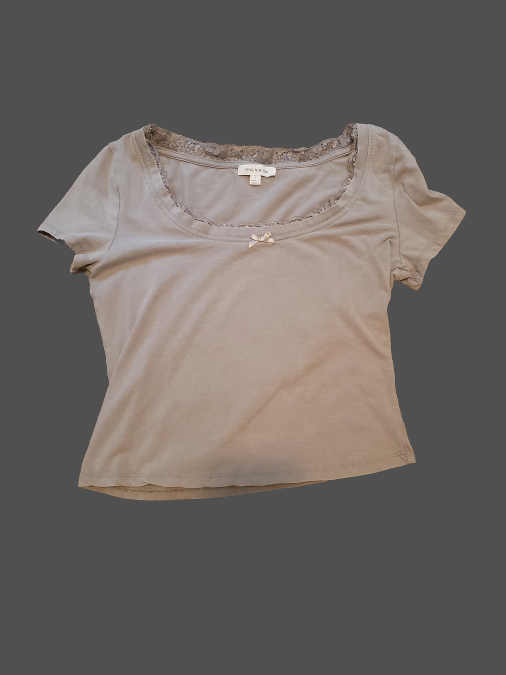 Pink Rose Taupe Scoop Neck Tee with Lace Trim and Bow